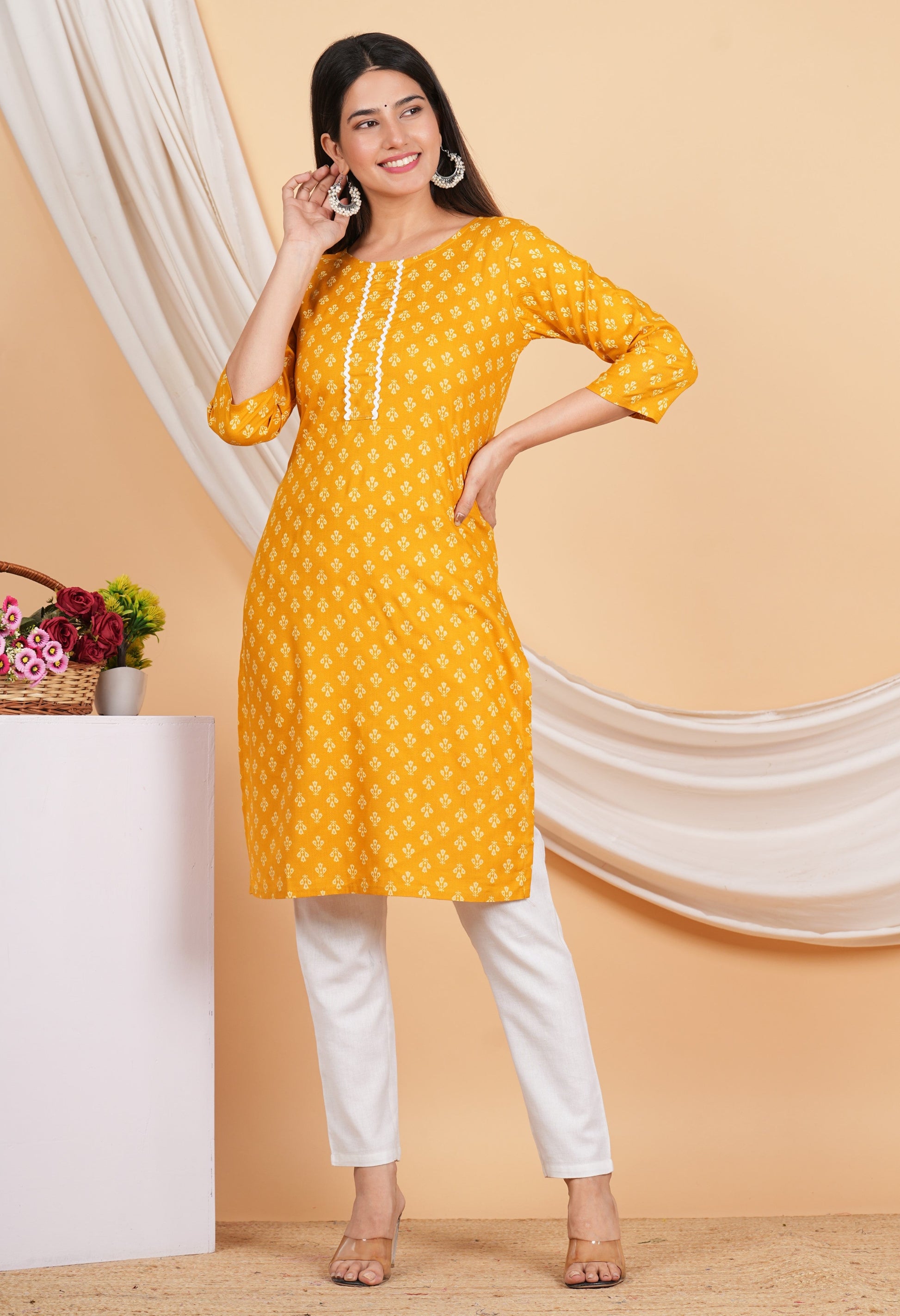 House of RP Women Yellow Rayon Floral Printed Kurta | Swadesiicart