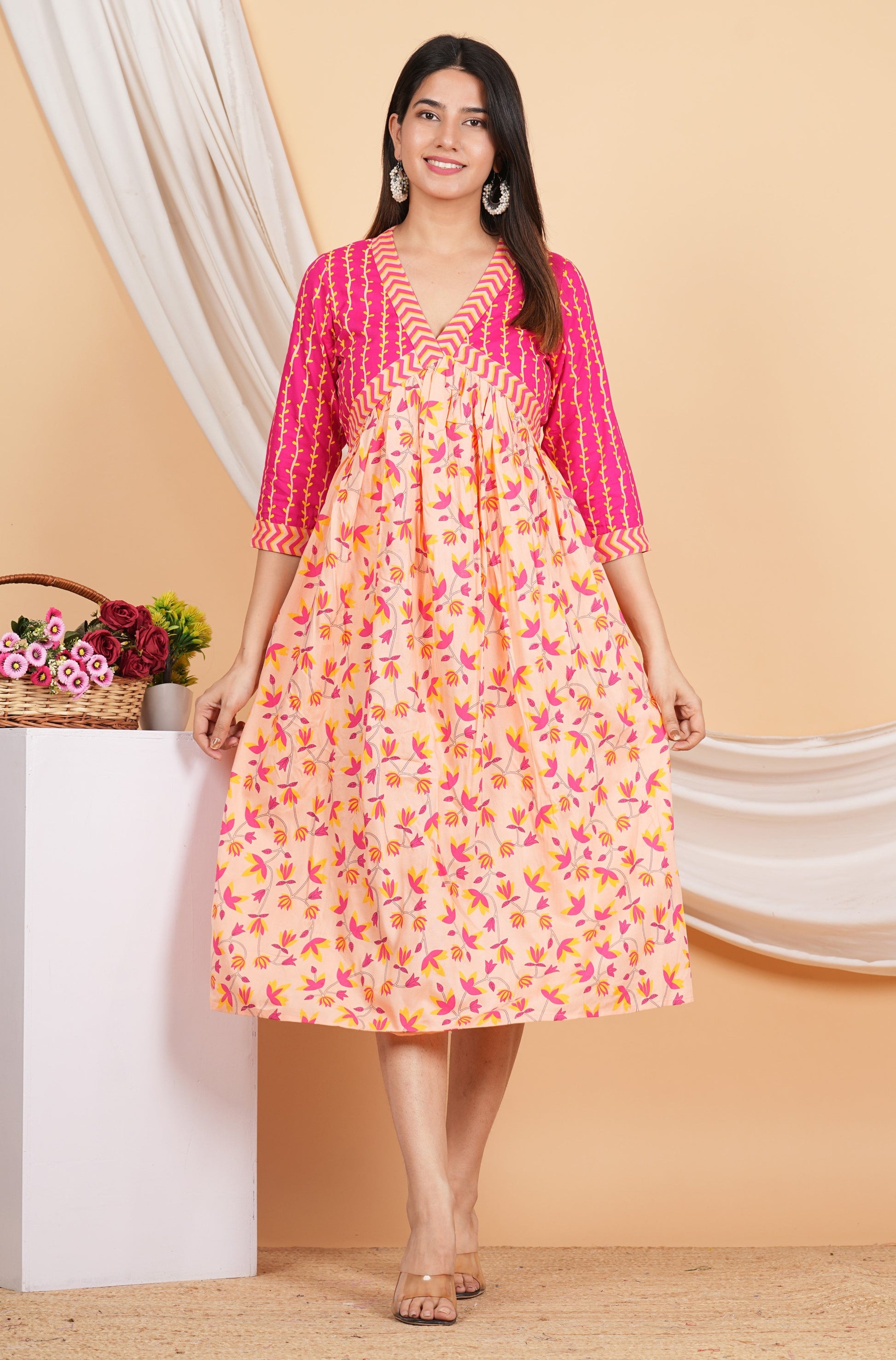 House of RP Women Rayon Peach Floral Printed Dress - Swadesiicart