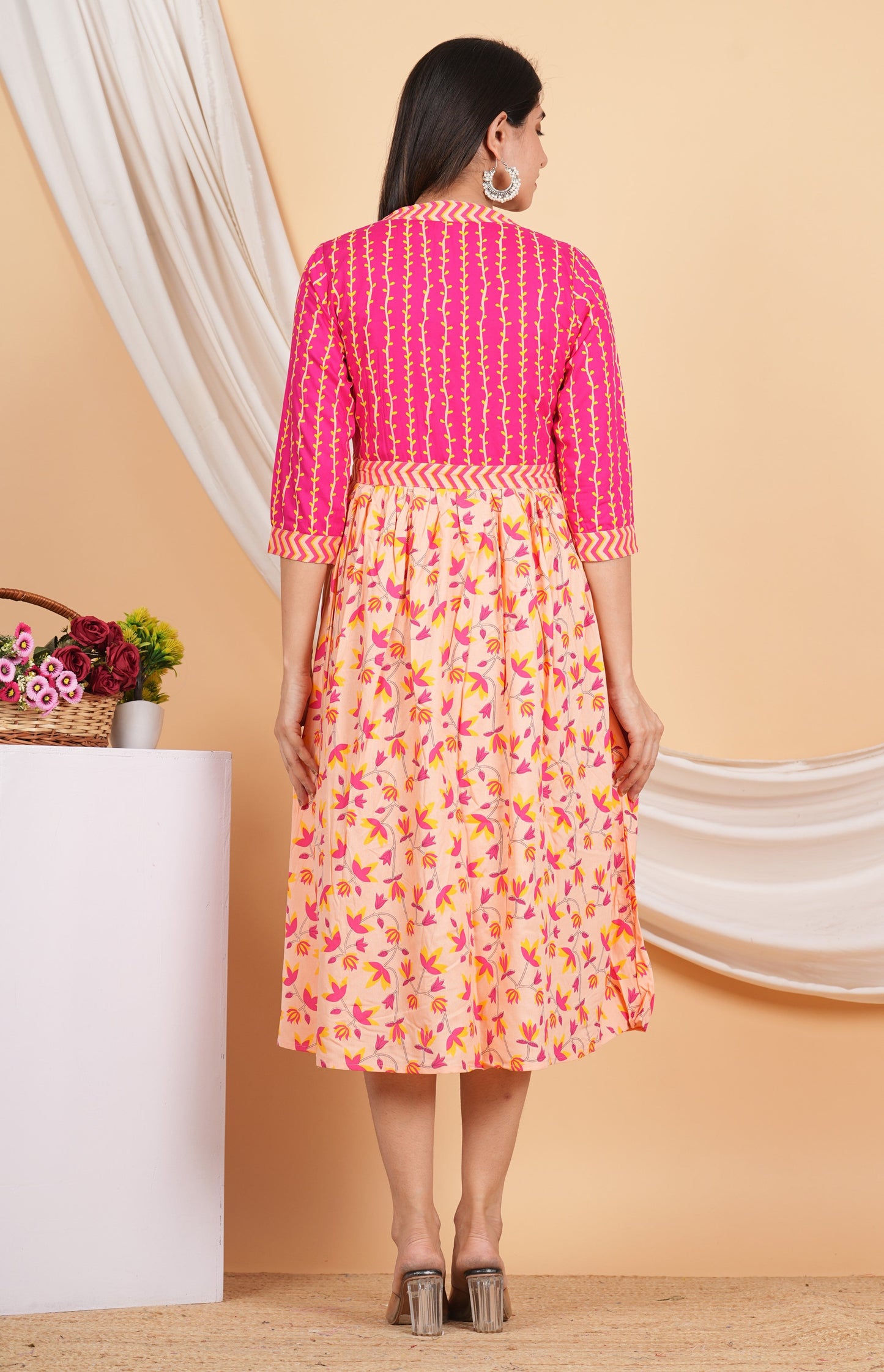 House of RP Women Rayon Peach Floral Printed Dress - Swadesiicart