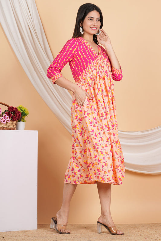 House of RP Women Rayon Peach Floral Printed Dress - Swadesiicart