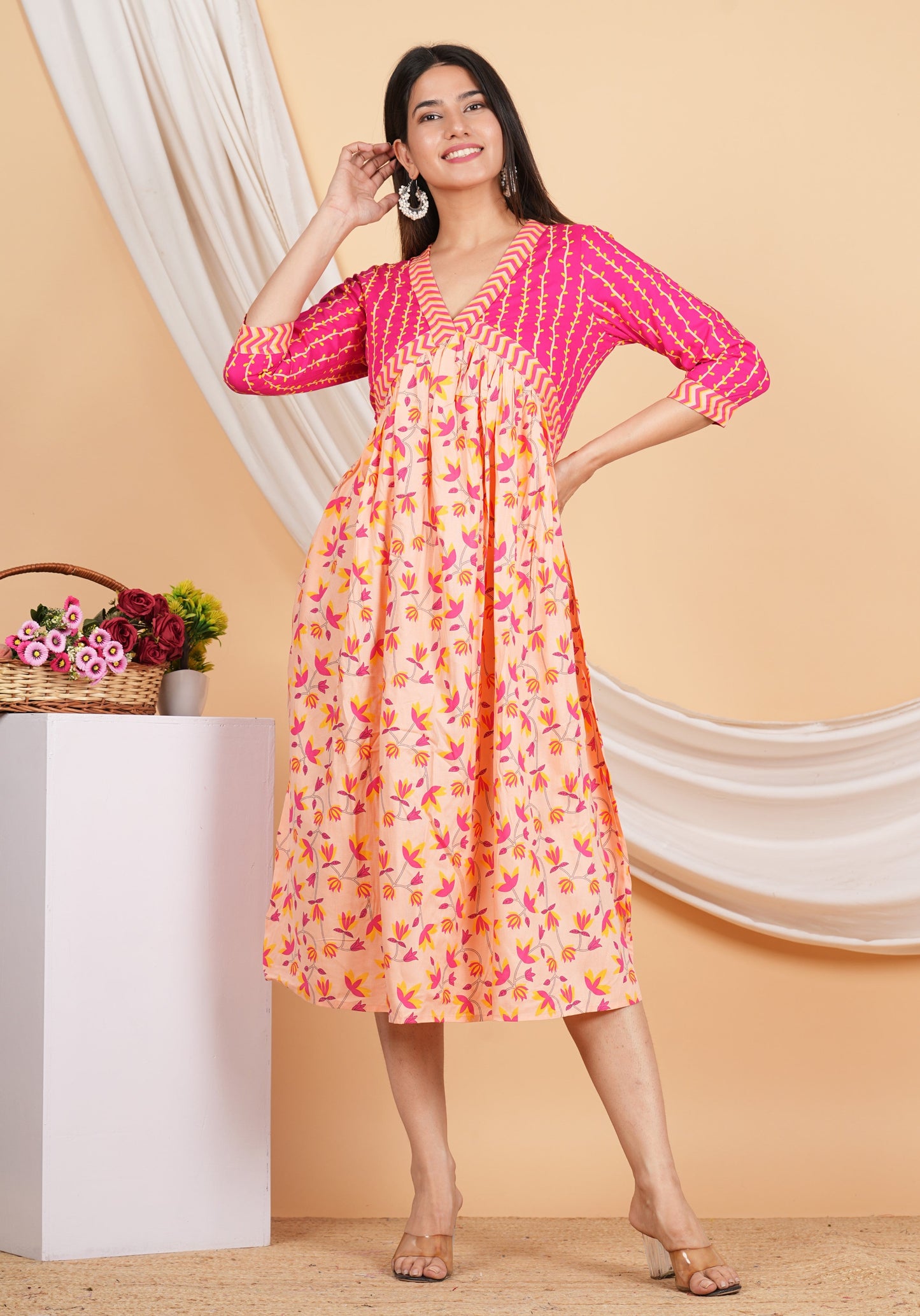 House of RP Women Rayon Peach Floral Printed Dress - Swadesiicart