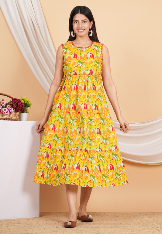 House of RP Women Rayon Yellow Abstract Printed Dress - Swadesiicart