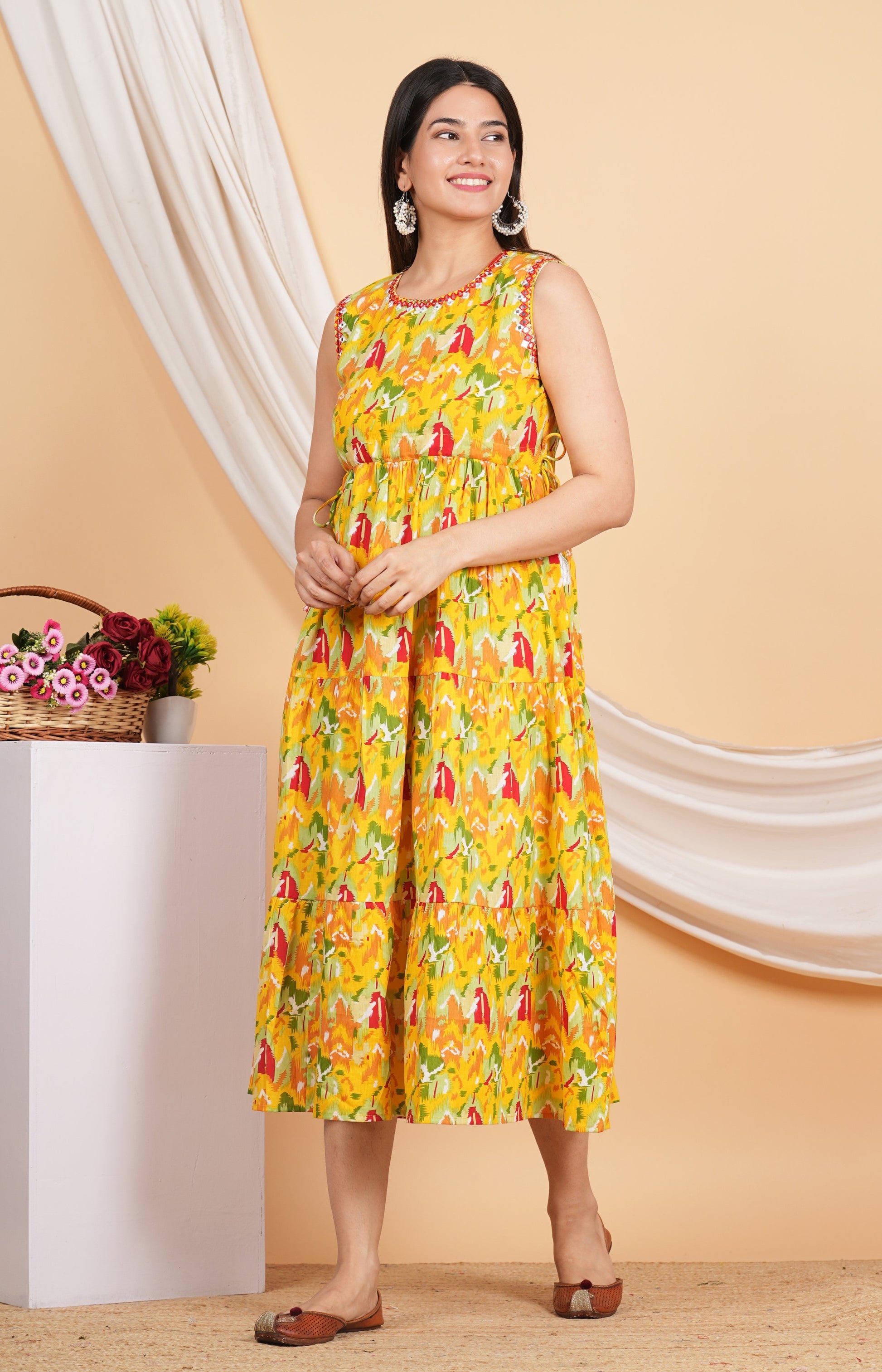House of RP Women Rayon Yellow Abstract Printed Dress - Swadesiicart