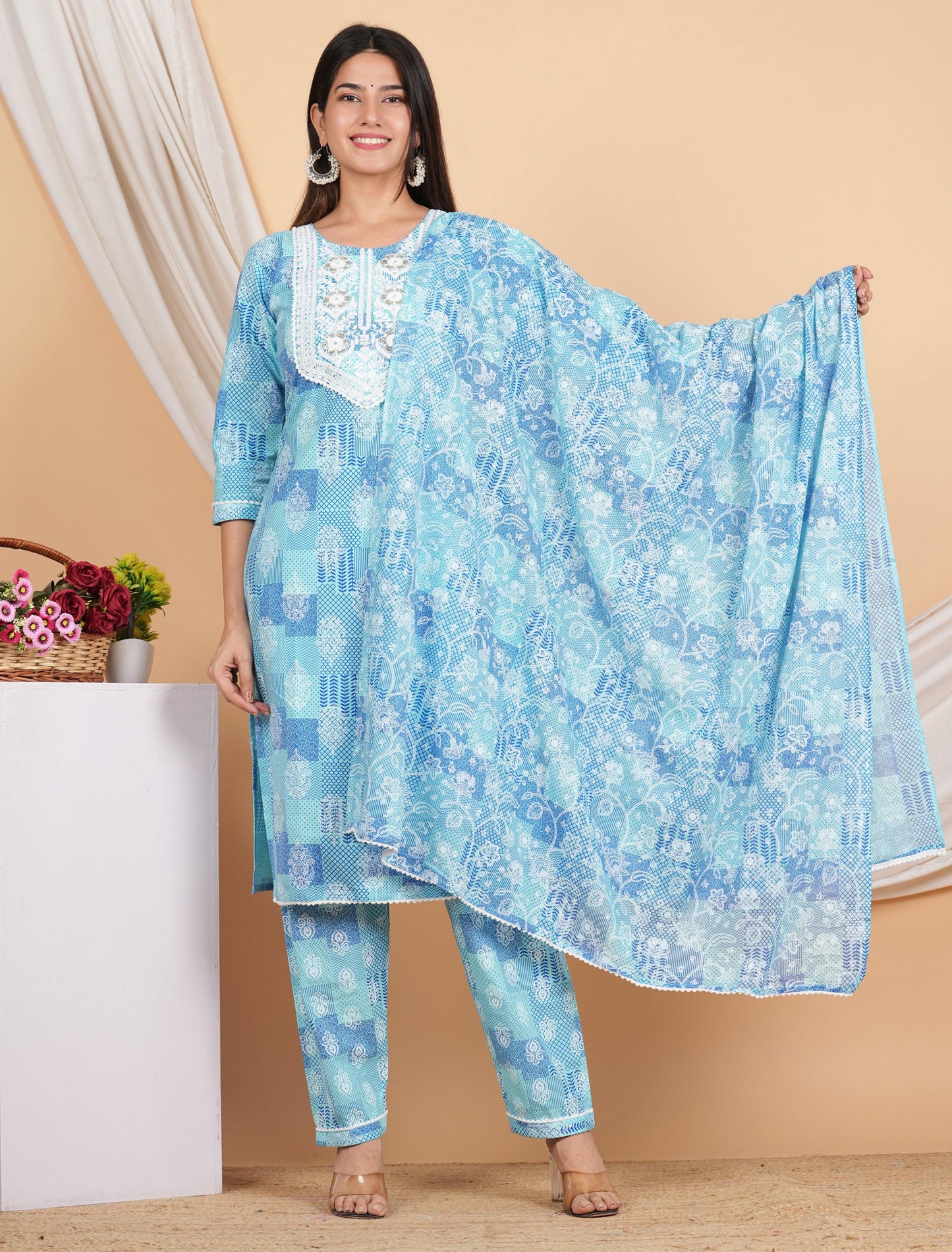 House of RP Women Blue Rayon Cotton Graphic Print Kurta ,Pant & Dupatta Set | Swadesiicart