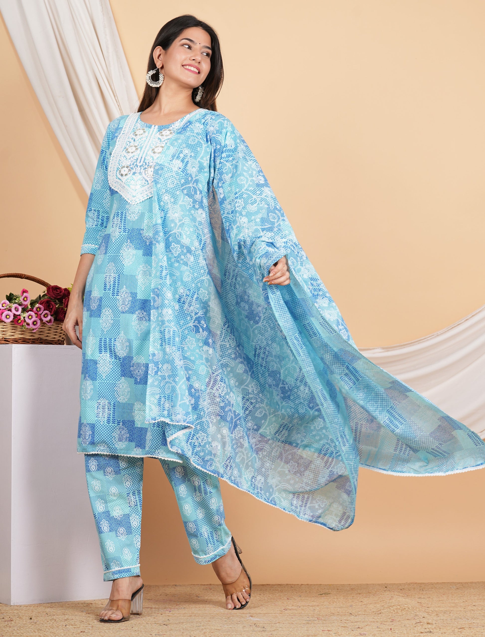 House of RP Women Blue Rayon Cotton Graphic Print Kurta ,Pant & Dupatta Set | Swadesiicart
