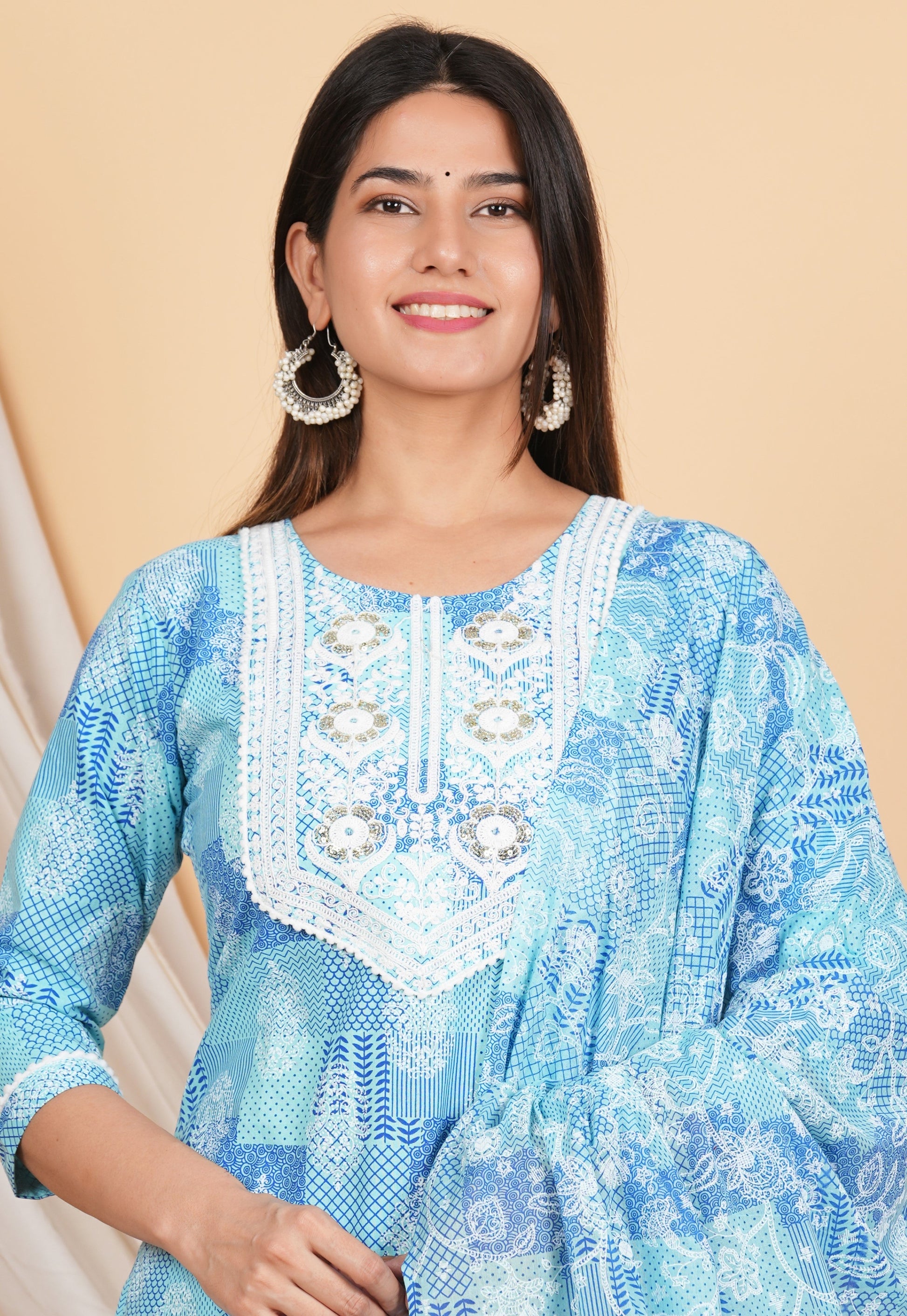 House of RP Women Blue Rayon Cotton Graphic Print Kurta ,Pant & Dupatta Set | Swadesiicart