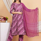 House of RP Women Rayon Dark Purple Ethnic Print Naira Cut Kurta, Pant & Dupatta Set | Swadesiicart