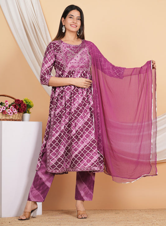 House of RP Women Rayon Dark Purple Ethnic Print Naira Cut Kurta, Pant & Dupatta Set | Swadesiicart