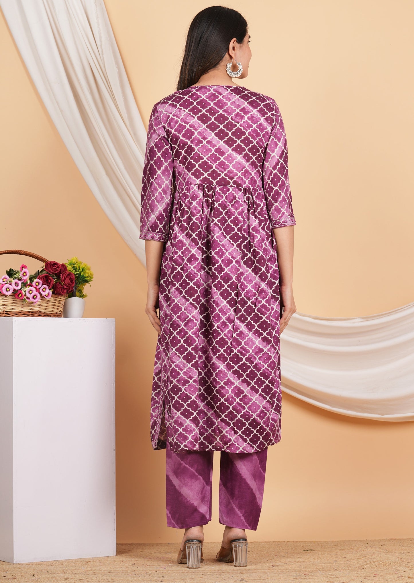House of RP Women Rayon Dark Purple Ethnic Print Naira Cut Kurta, Pant & Dupatta Set | Swadesiicart