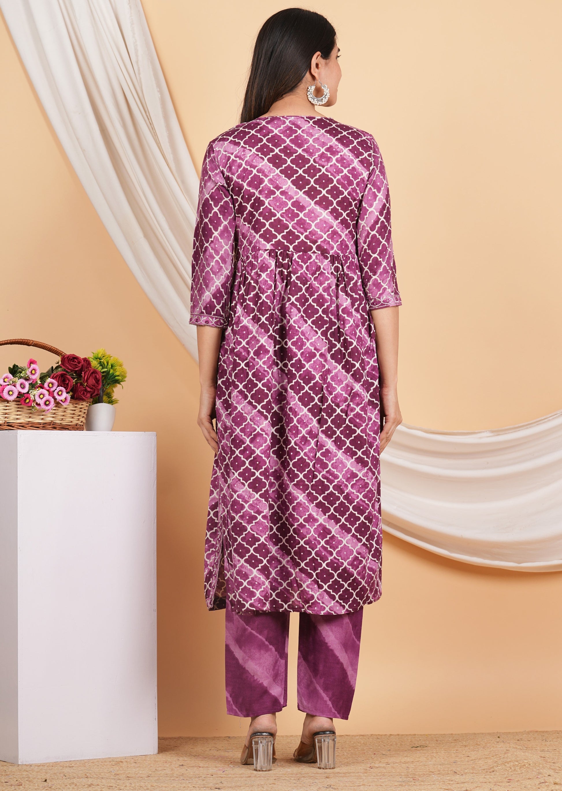 House of RP Women Rayon Dark Purple Ethnic Print Naira Cut Kurta, Pant & Dupatta Set | Swadesiicart