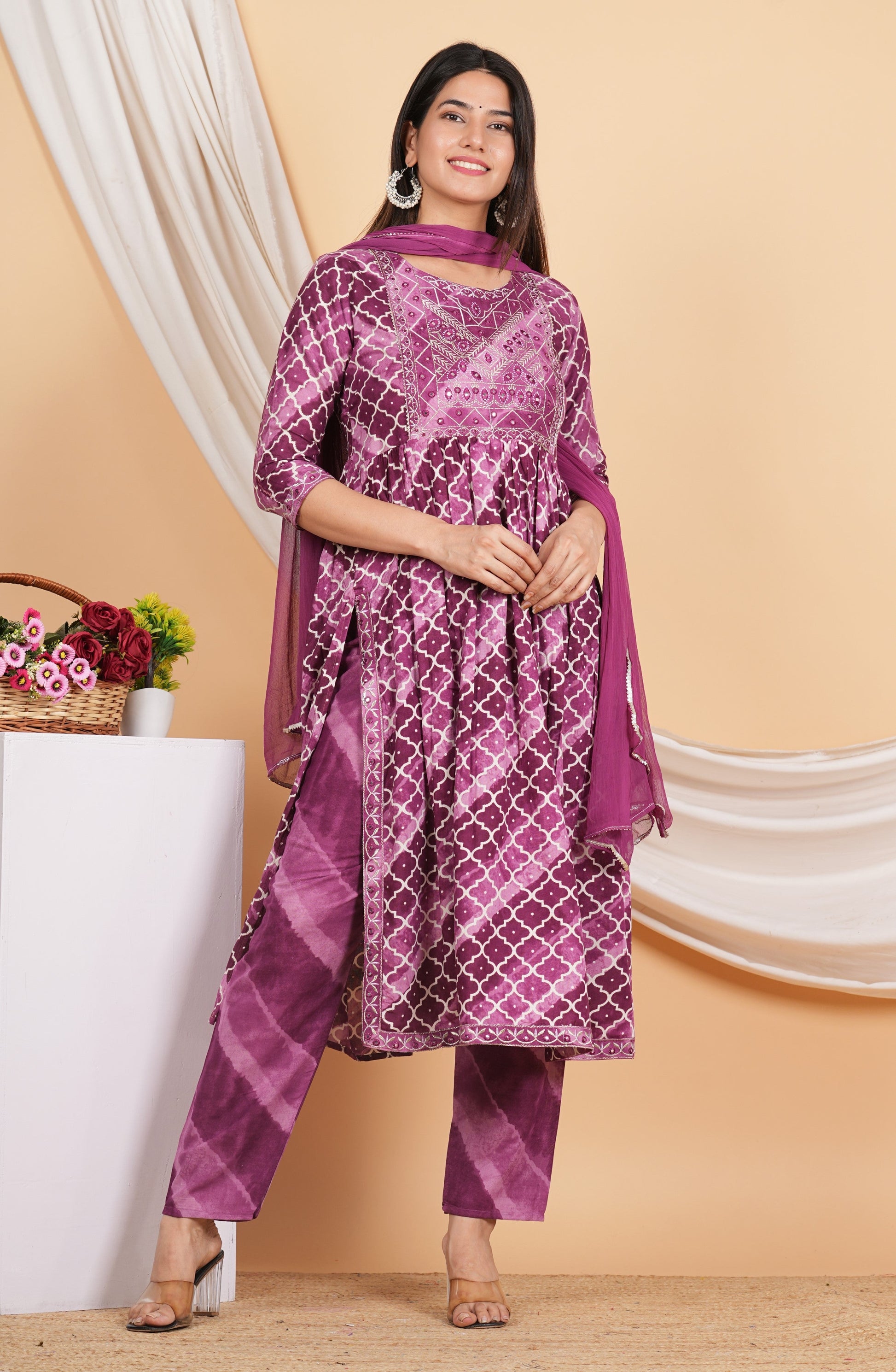 House of RP Women Rayon Dark Purple Ethnic Print Naira Cut Kurta, Pant & Dupatta Set | Swadesiicart