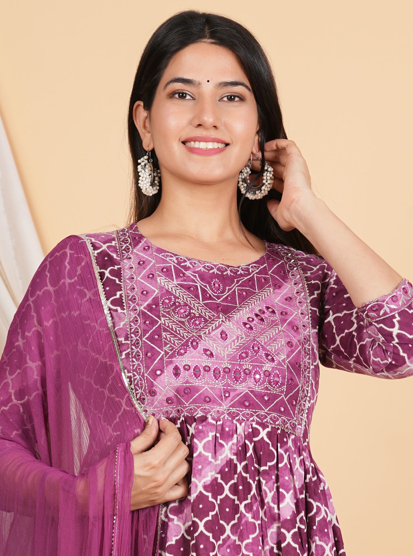 House of RP Women Rayon Dark Purple Ethnic Print Naira Cut Kurta, Pant & Dupatta Set | Swadesiicart