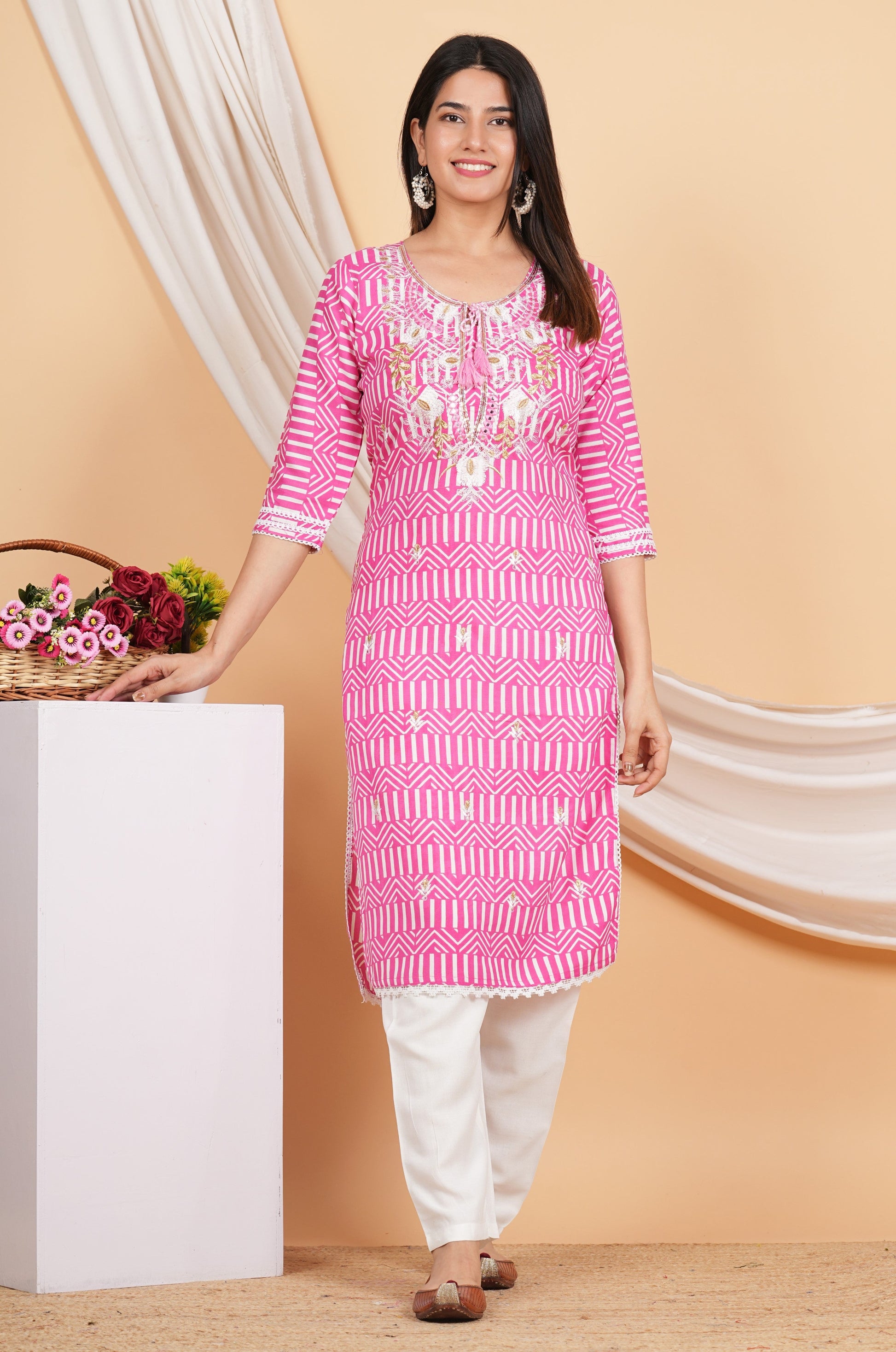 House of RP Women Pink Rayon Ethnic Print Kurta & Pant Set | Swadesiicart