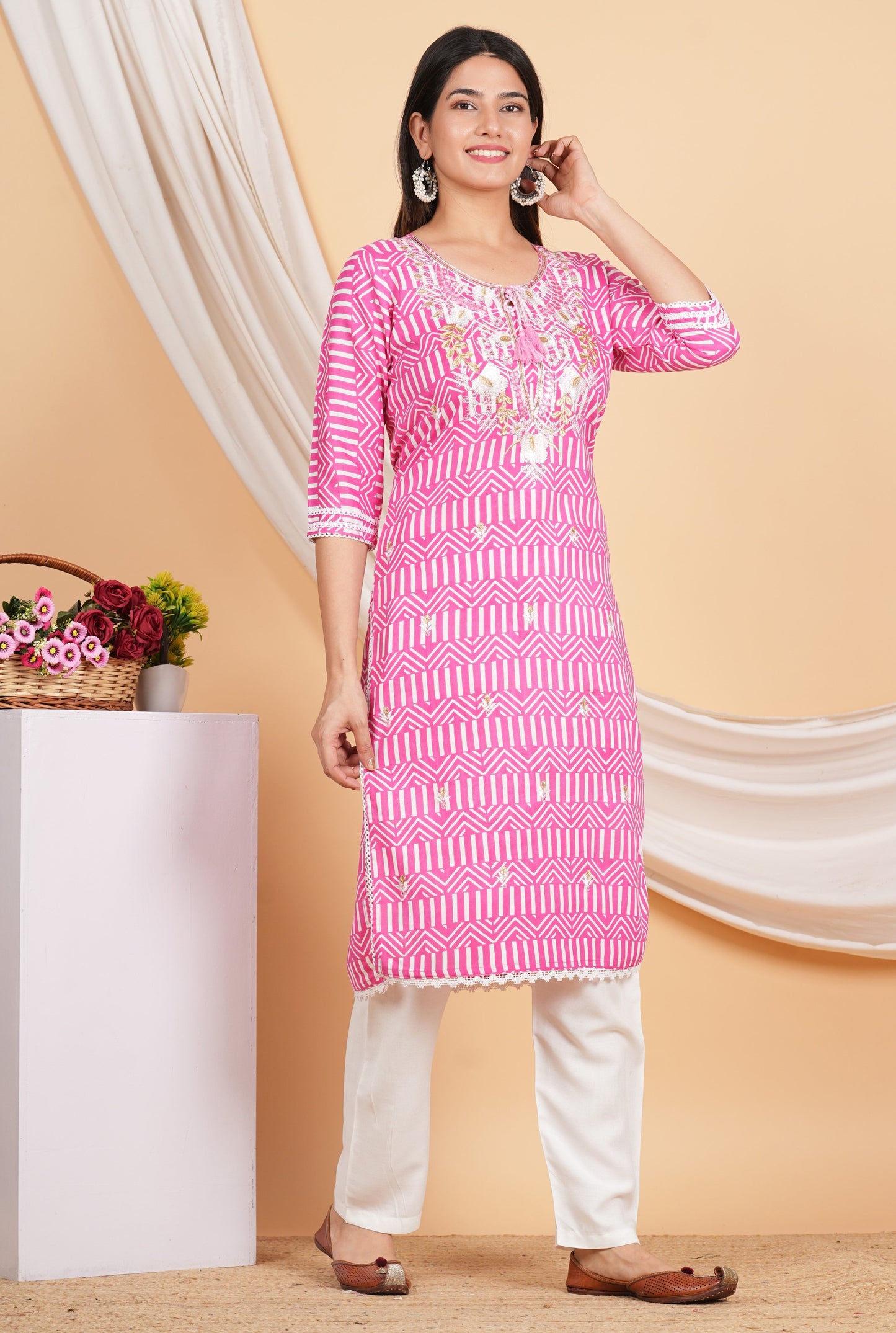 House of RP Women Pink Rayon Ethnic Print Kurta & Pant Set | Swadesiicart