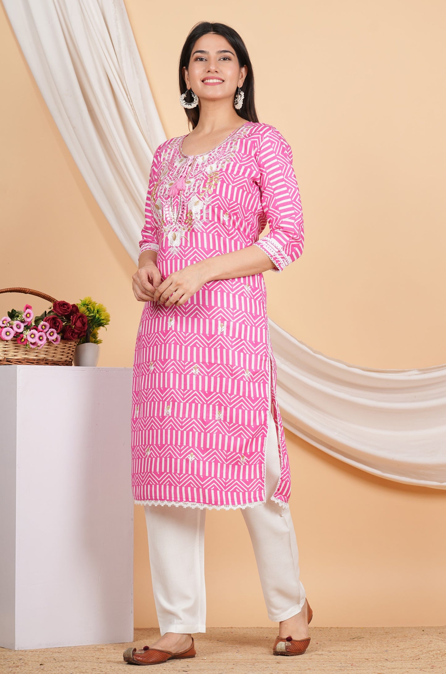 House of RP Women Pink Rayon Ethnic Print Kurta & Pant Set | Swadesiicart