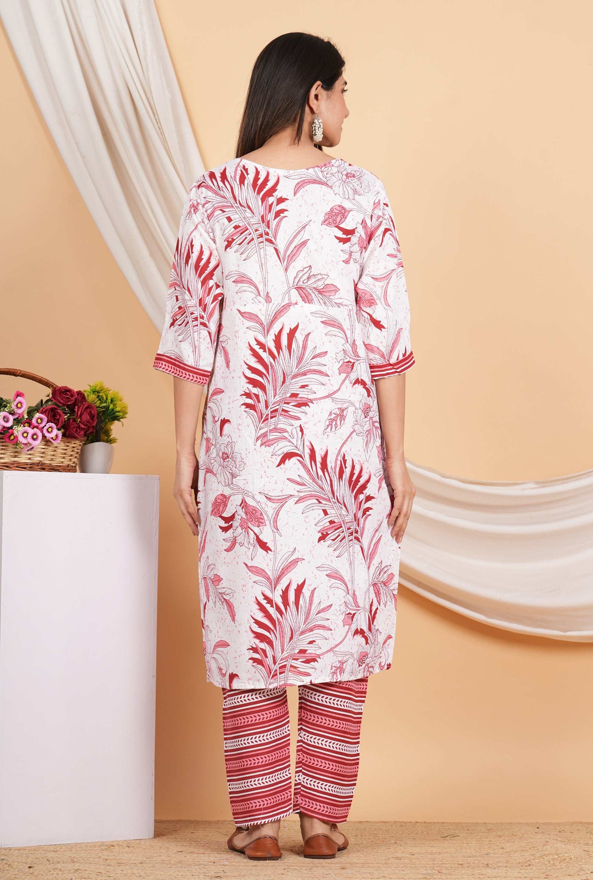 House of RP Women White & Red Rayon Floral Print Kurta & Pant Set | Swadesiicart