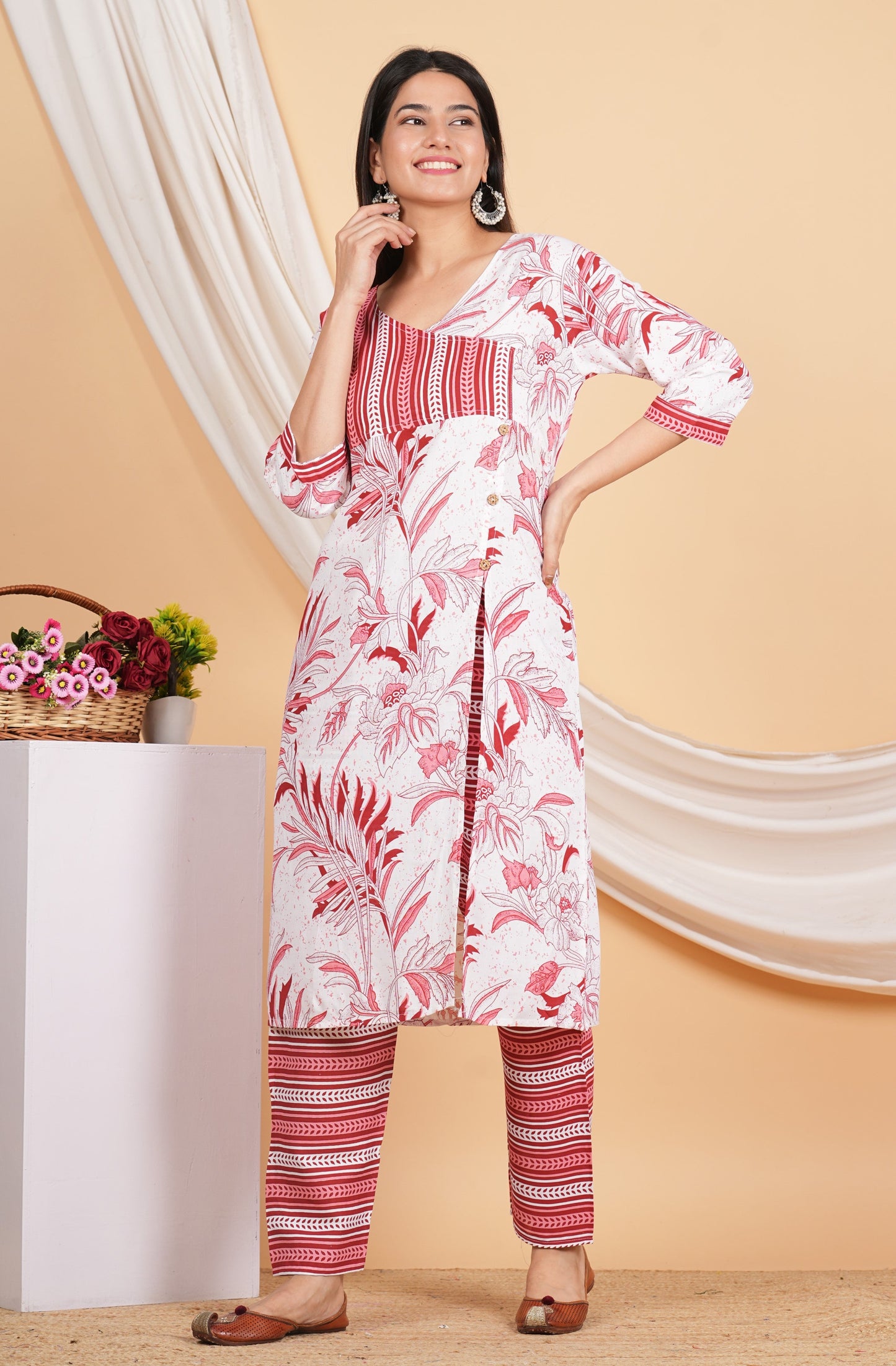 House of RP Women White & Red Rayon Floral Print Kurta & Pant Set | Swadesiicart