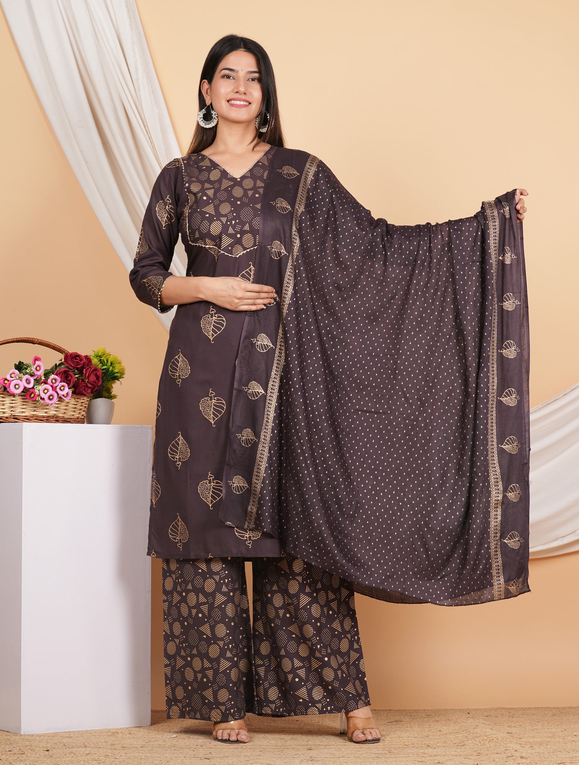 House of RP Wine Rayon Floral Print Kurta, Palazzo & Dupatta Set | Swadesiicart