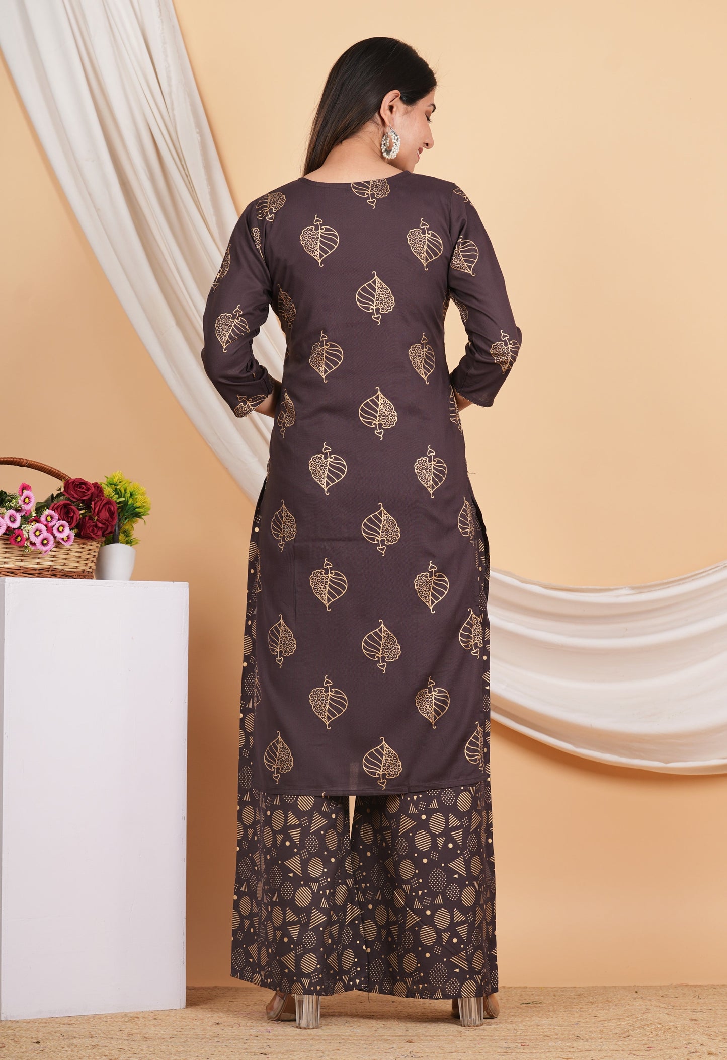 House of RP Wine Rayon Floral Print Kurta, Palazzo & Dupatta Set | Swadesiicart