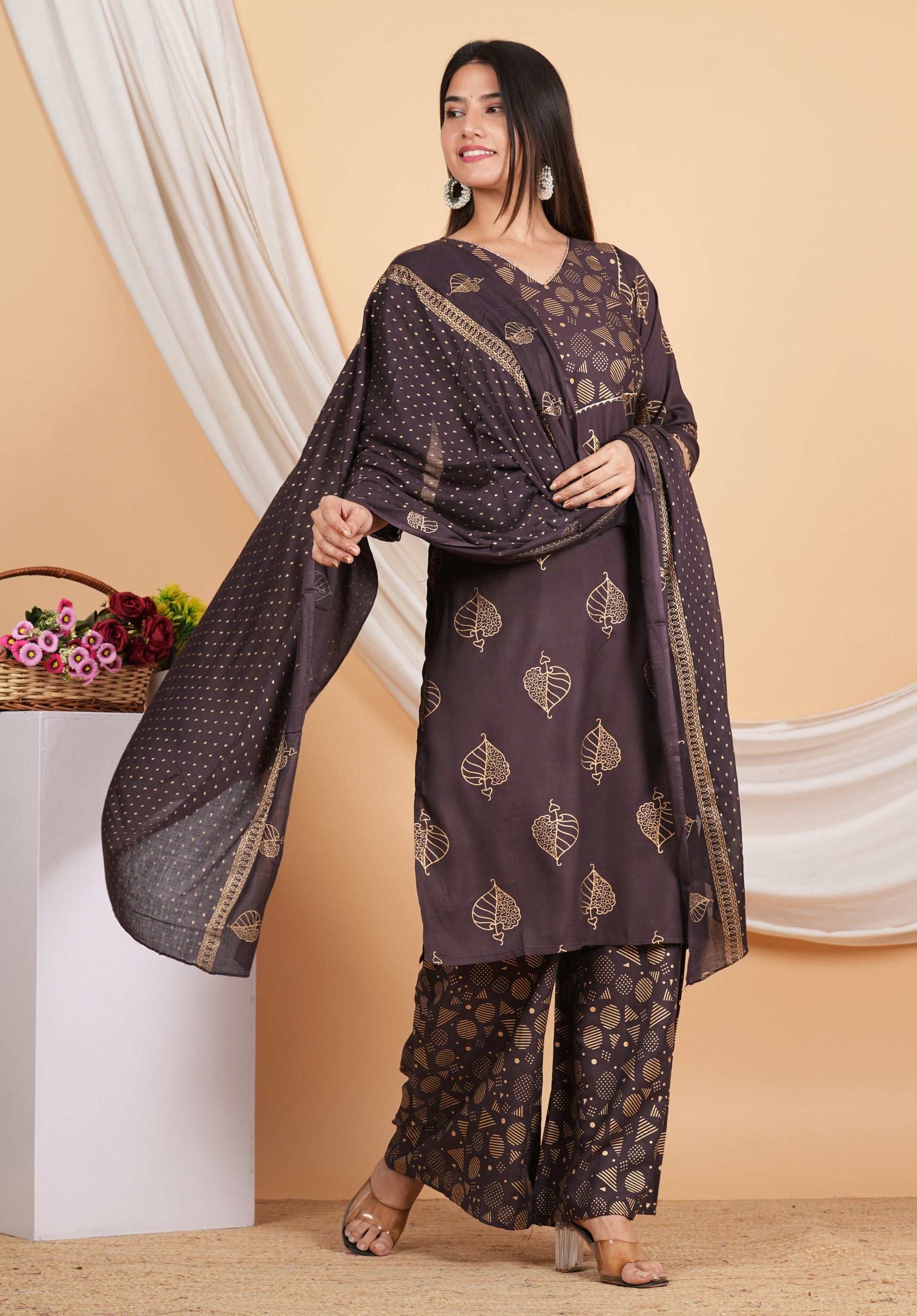 House of RP Wine Rayon Floral Print Kurta, Palazzo & Dupatta Set | Swadesiicart