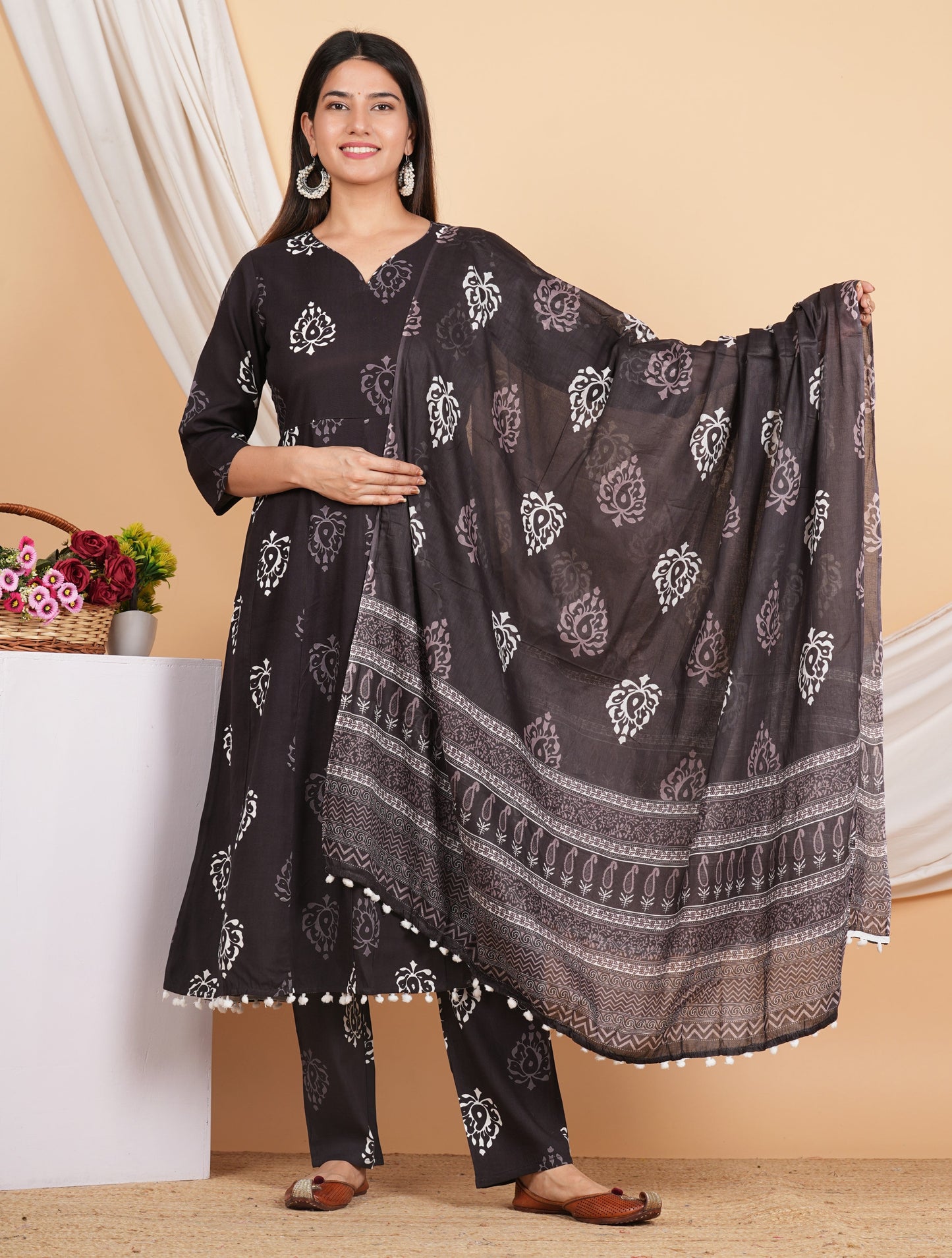 House of RP Wine Rayon Floral Print Kurta, Palazzo & Dupatta Set | Swadesiicart