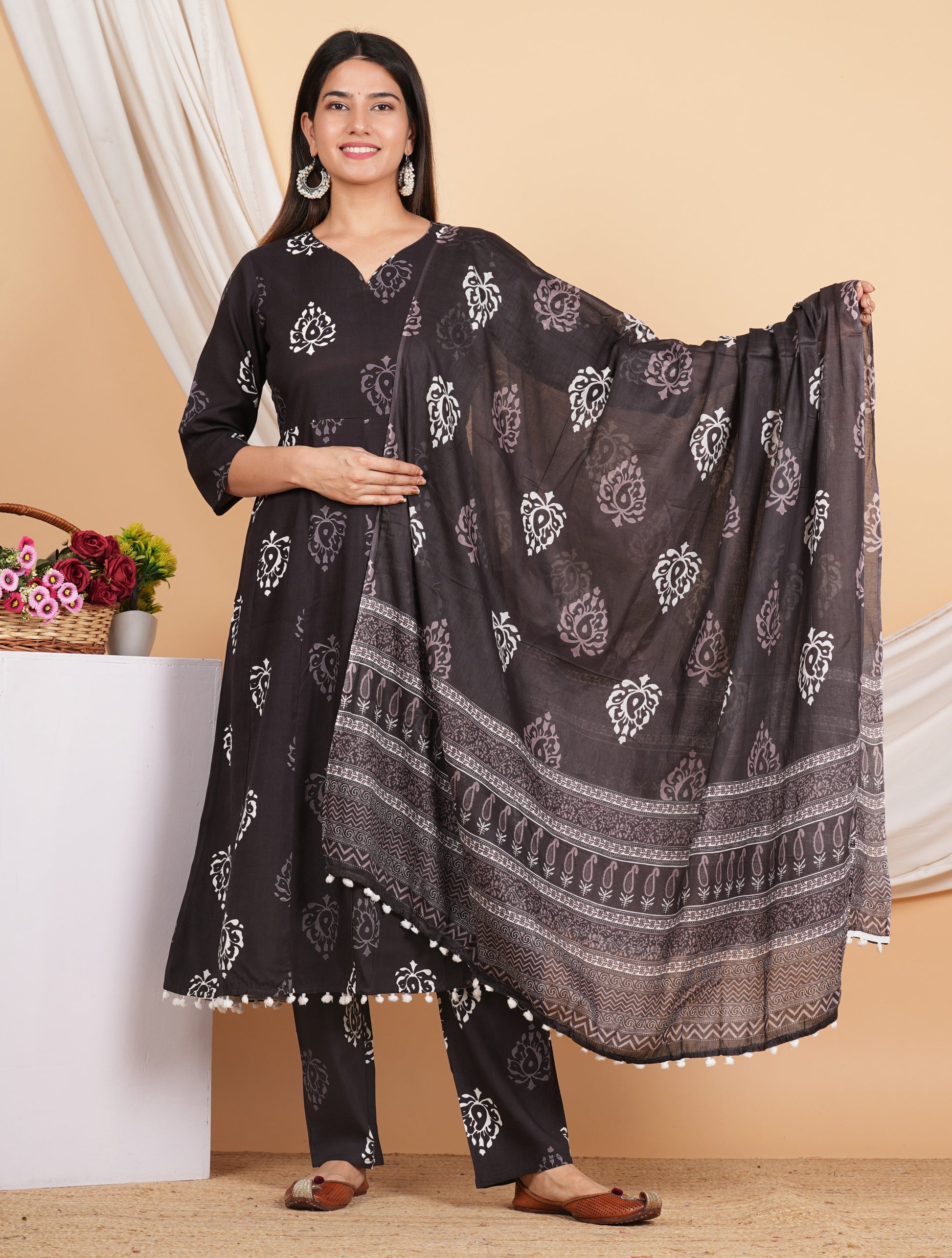 House of RP Wine Rayon Floral Print Kurta, Palazzo & Dupatta Set | Swadesiicart