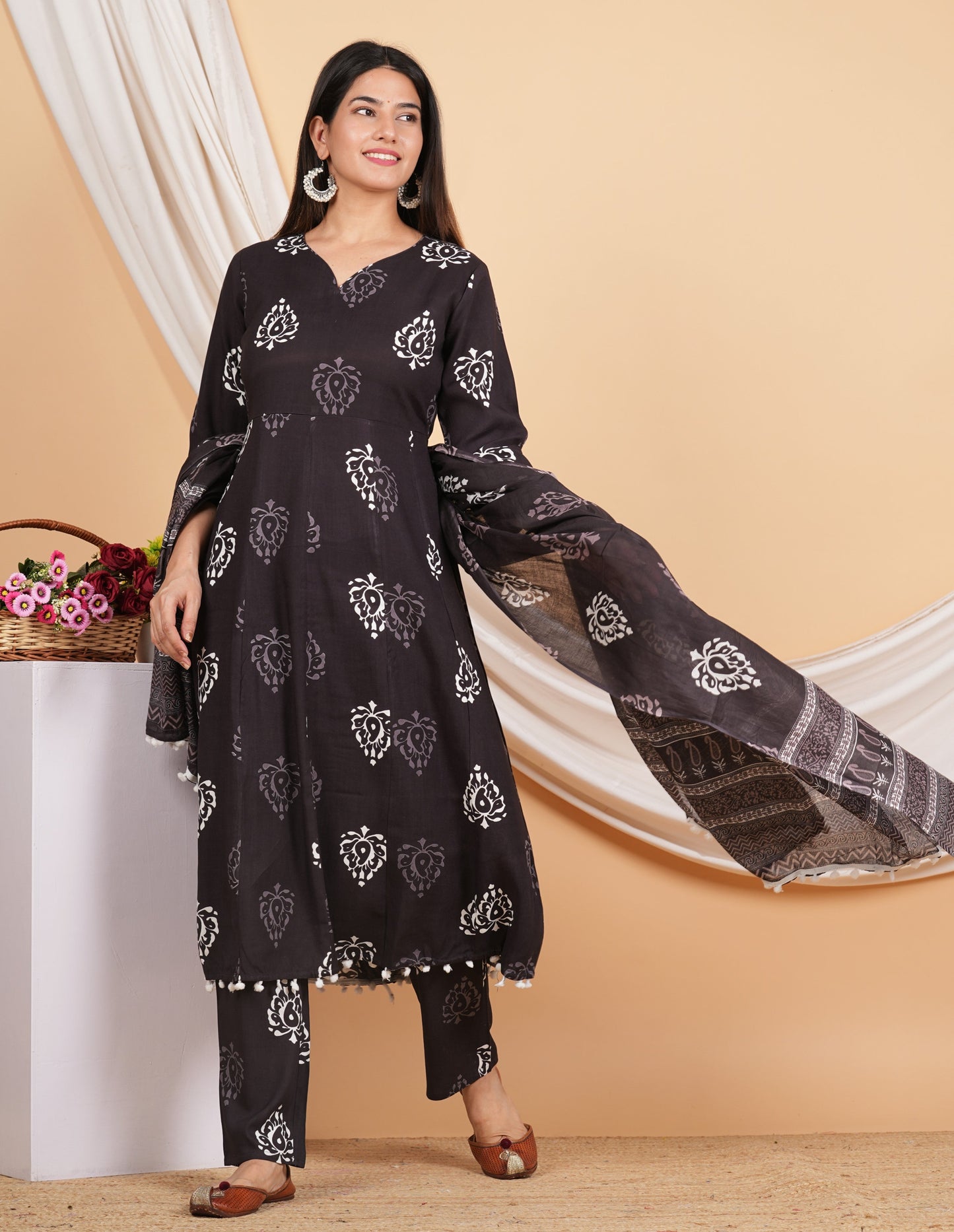 House of RP Wine Rayon Floral Print Kurta, Palazzo & Dupatta Set | Swadesiicart