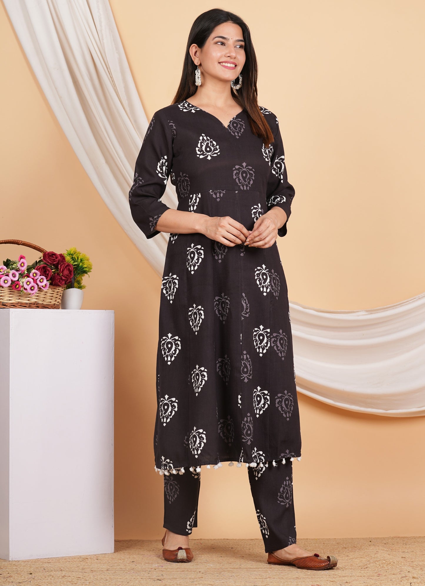 House of RP Wine Rayon Floral Print Kurta, Palazzo & Dupatta Set | Swadesiicart