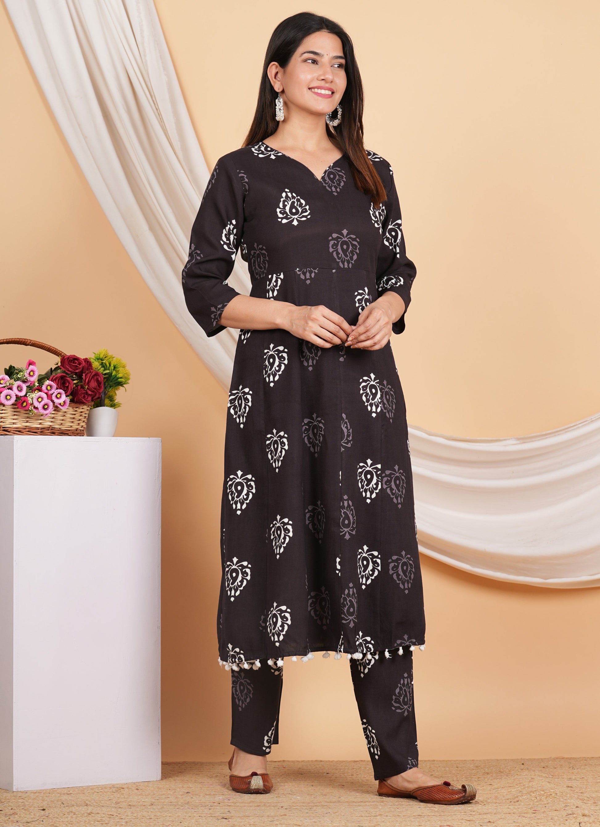 House of RP Wine Rayon Floral Print Kurta, Palazzo & Dupatta Set | Swadesiicart