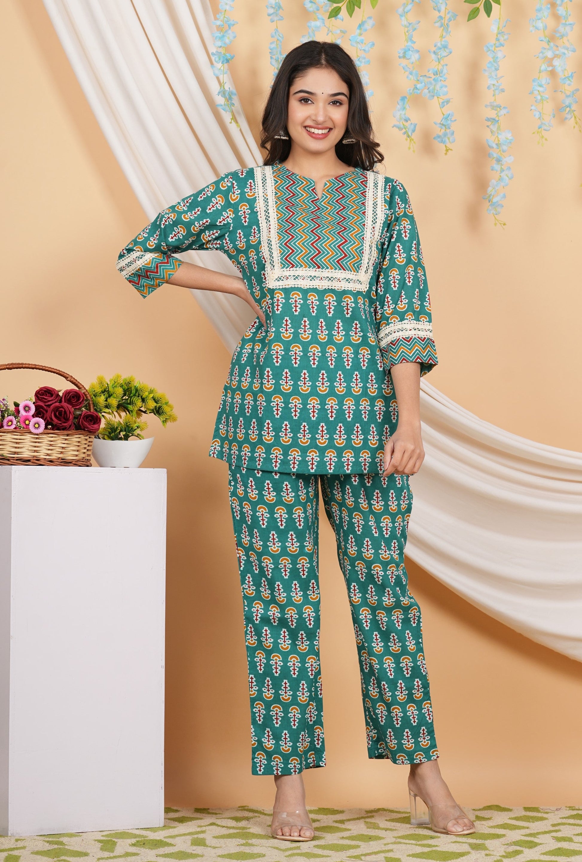 House of RP Women Teal Cotton Kurta & Pant Set | Swadesiicart