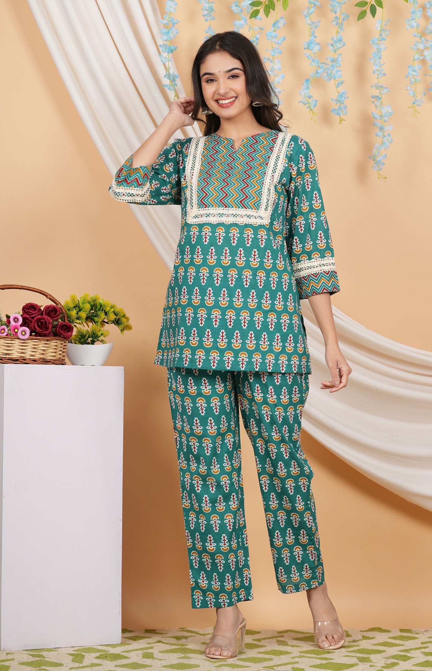 House of RP Women Teal Cotton Kurta & Pant Set | Swadesiicart