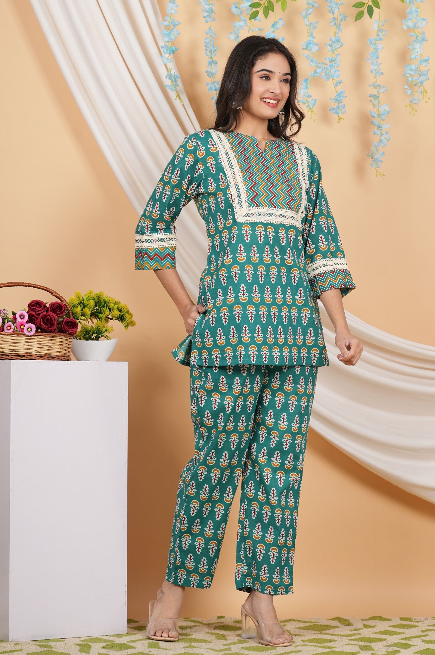 House of RP Women Teal Cotton Kurta & Pant Set | Swadesiicart