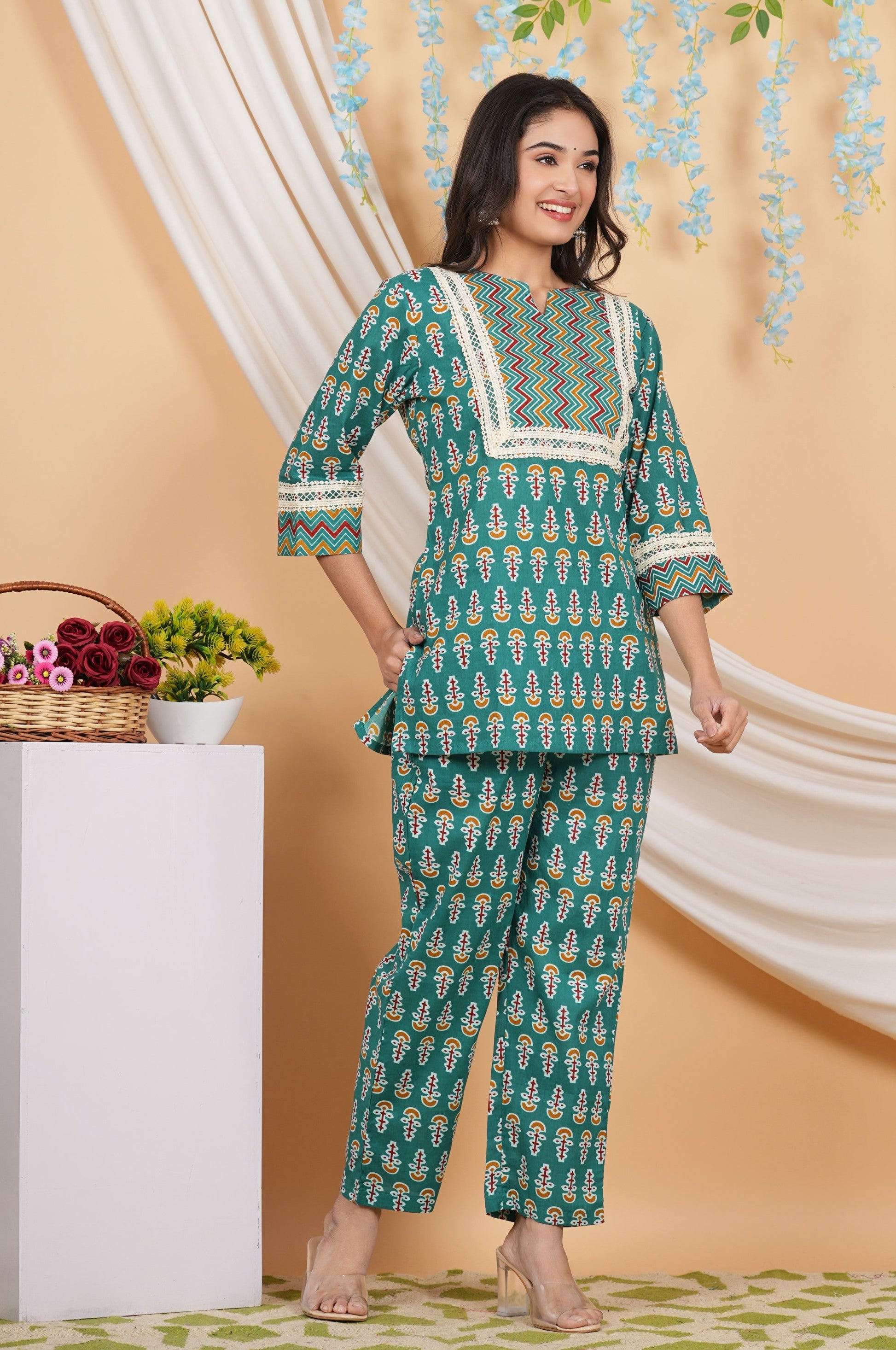 House of RP Women Teal Cotton Kurta & Pant Set | Swadesiicart