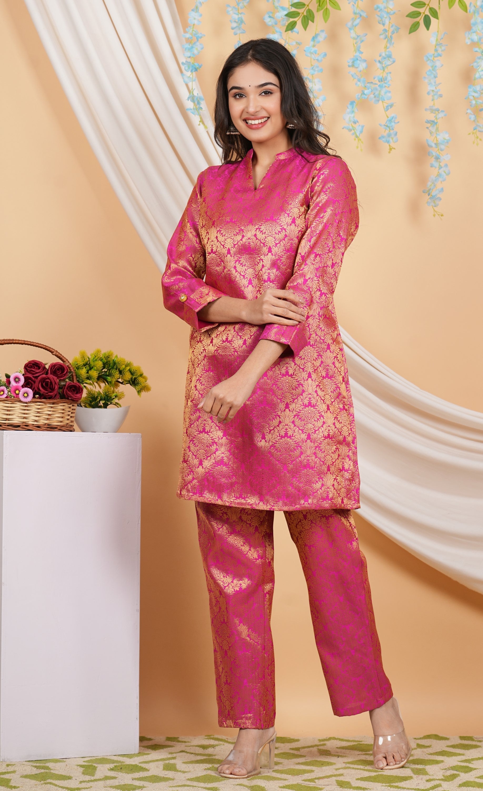 House of RP Women Fuchsia Emblished Jacquard Kurta & Pant Set | Swadesiicart