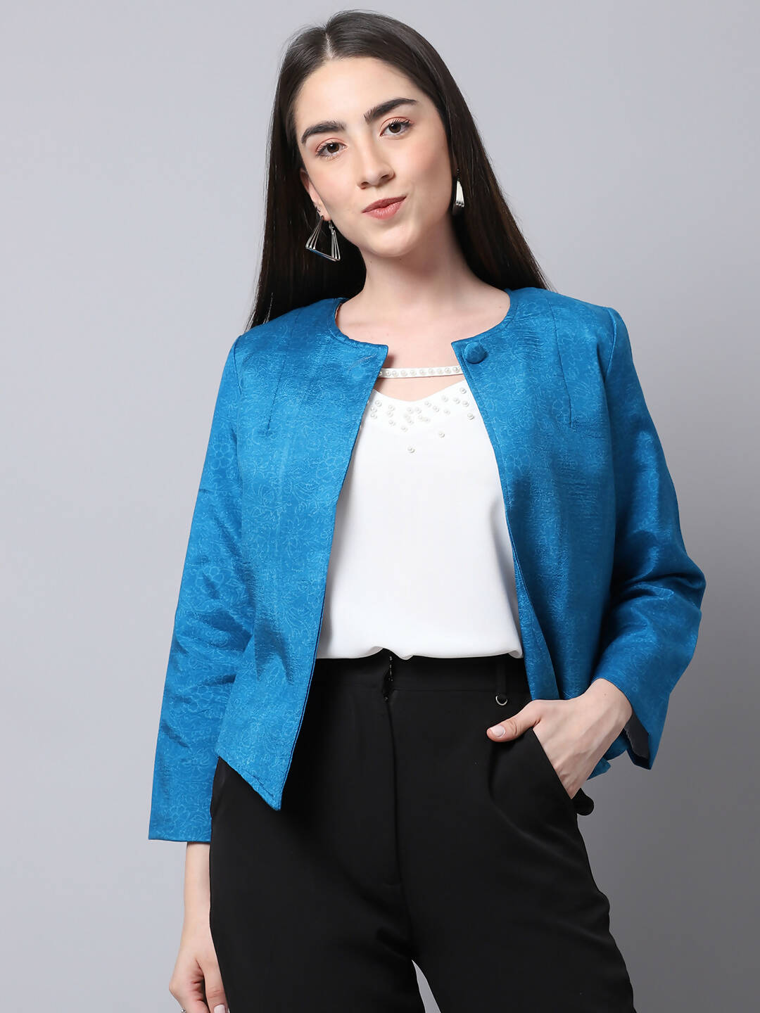 Even Apparels Blue 100% Viscose Open Front Statement Women's Jacket | Swadesiicart