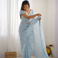 Vamsee Onam Sky Crushed Fandy Tissue Silk Saree - Swadesiicart