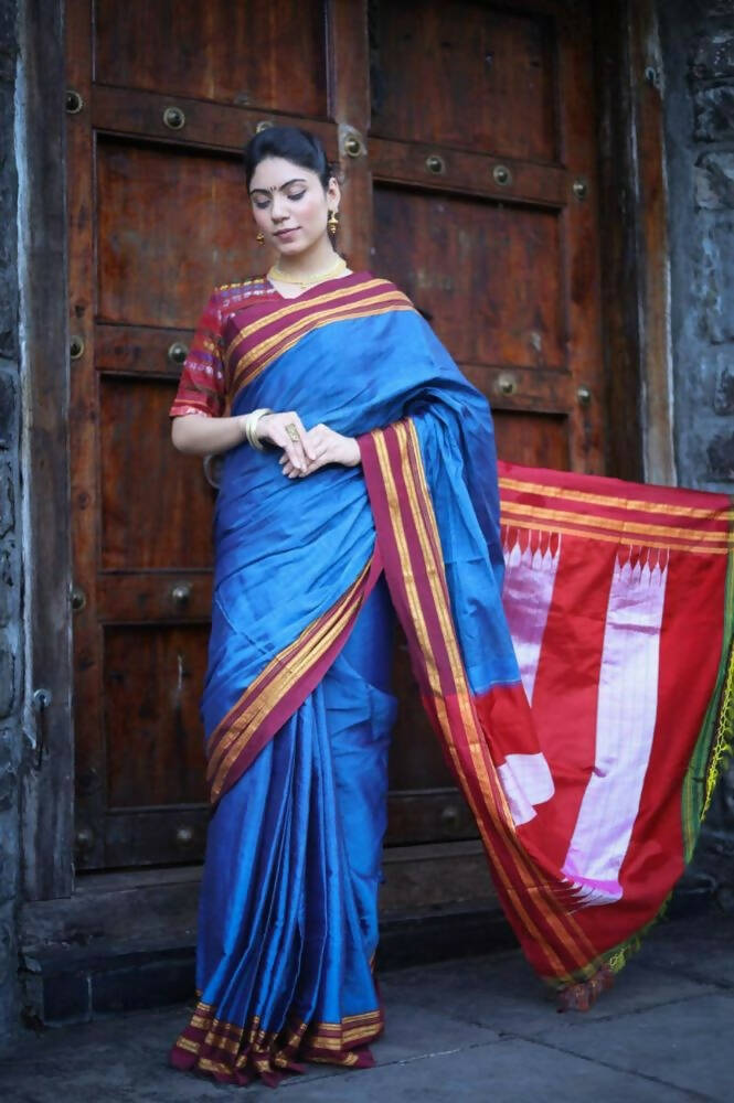 Very Much Indian Handloom Cotton Viscose Ilkal Saree - Royal Blue | Swadesiicart