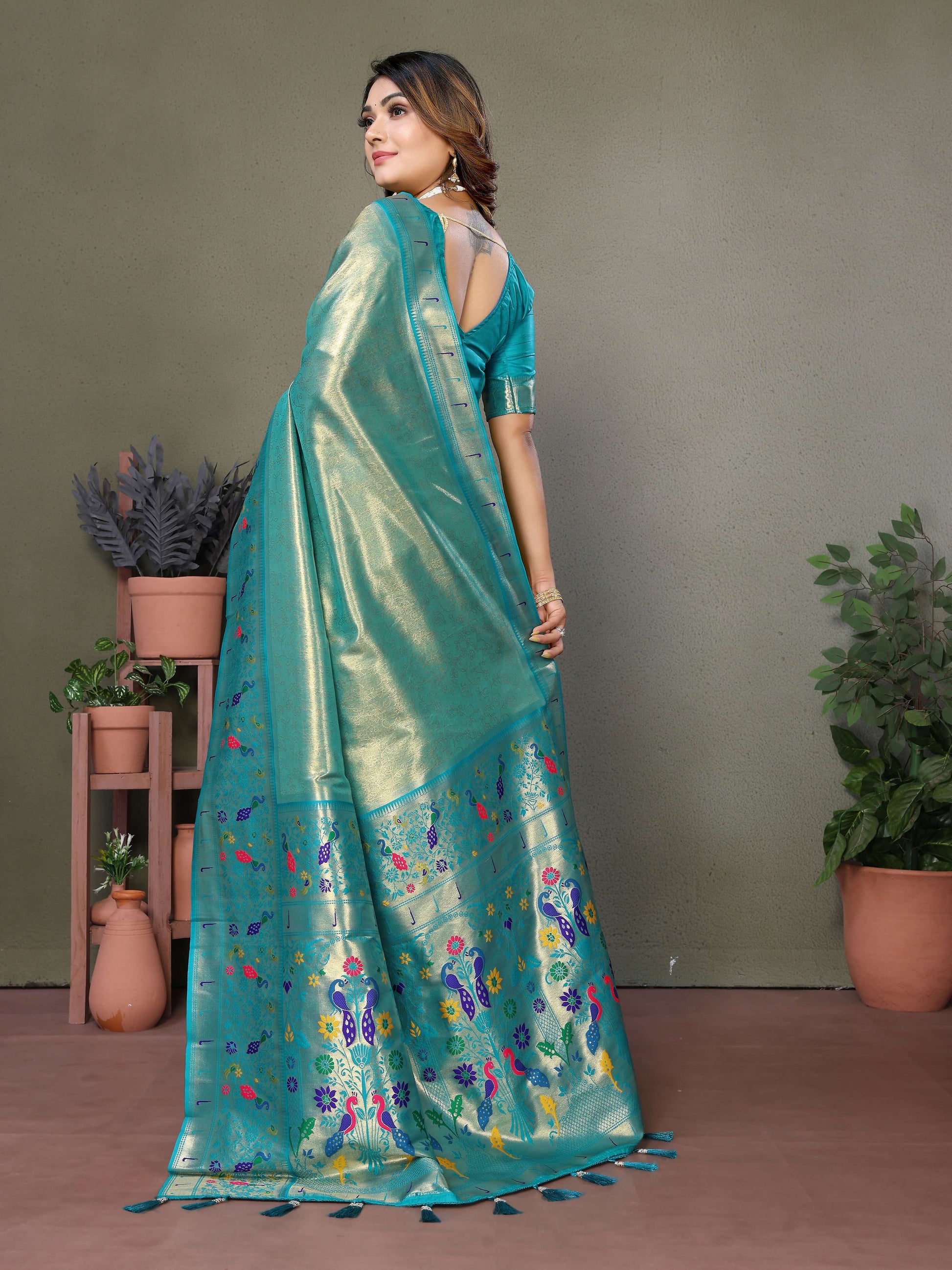 Aastha Fashion Sea Green Tissue Silk Paithani Woven Saree