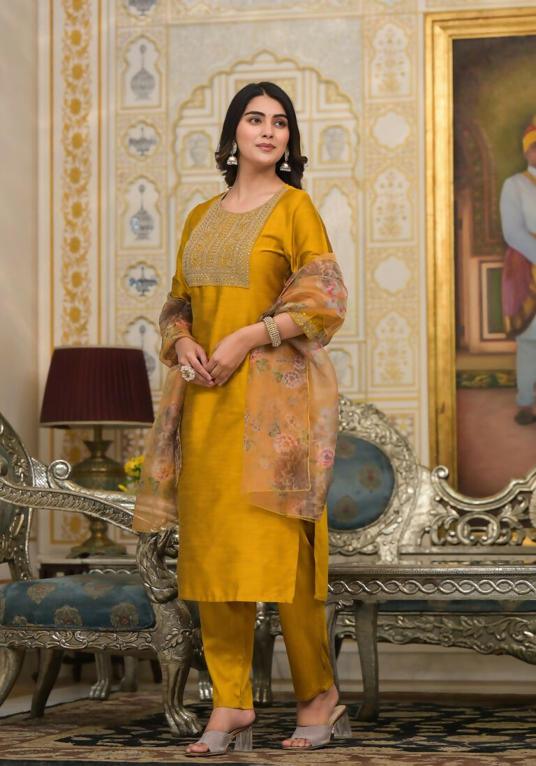 Partywear Designer Musted Yellow Poly Silk fabric Stitched Suit With Dupatta - Tanisha | Swadesiicart