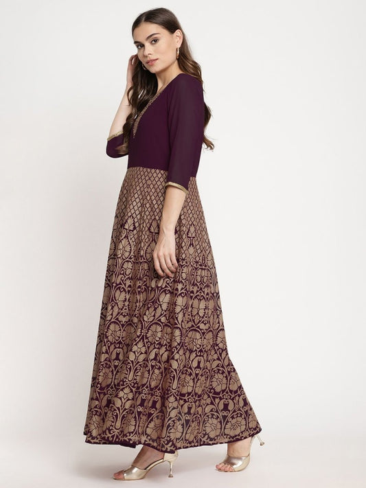 Ahalyaa Women's Wine Georgette Gold Foil Print Flared Kurta With Dupatta | Swadesiicart