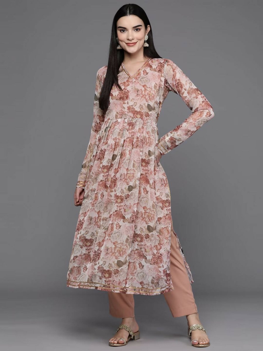 Ahalyaa Women Floral Printed Pleated Gotta Patti Kurta with Trousers - Brown Color | Swadesiicart