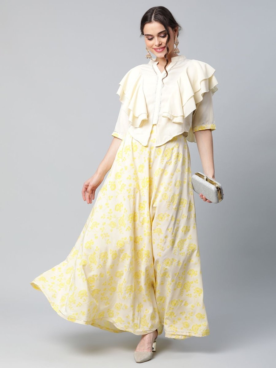 Ahalyaa Women Crepe Cream Solid Top with Printed Skirt with Ruffle Details | Swadesiicart