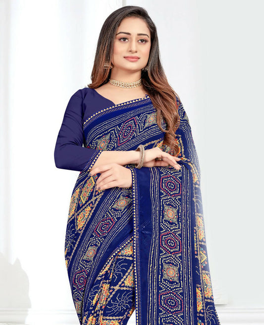 Blue Georgette Bandhani Printed Saree With Unstitched Blouse Piece - Jyoti