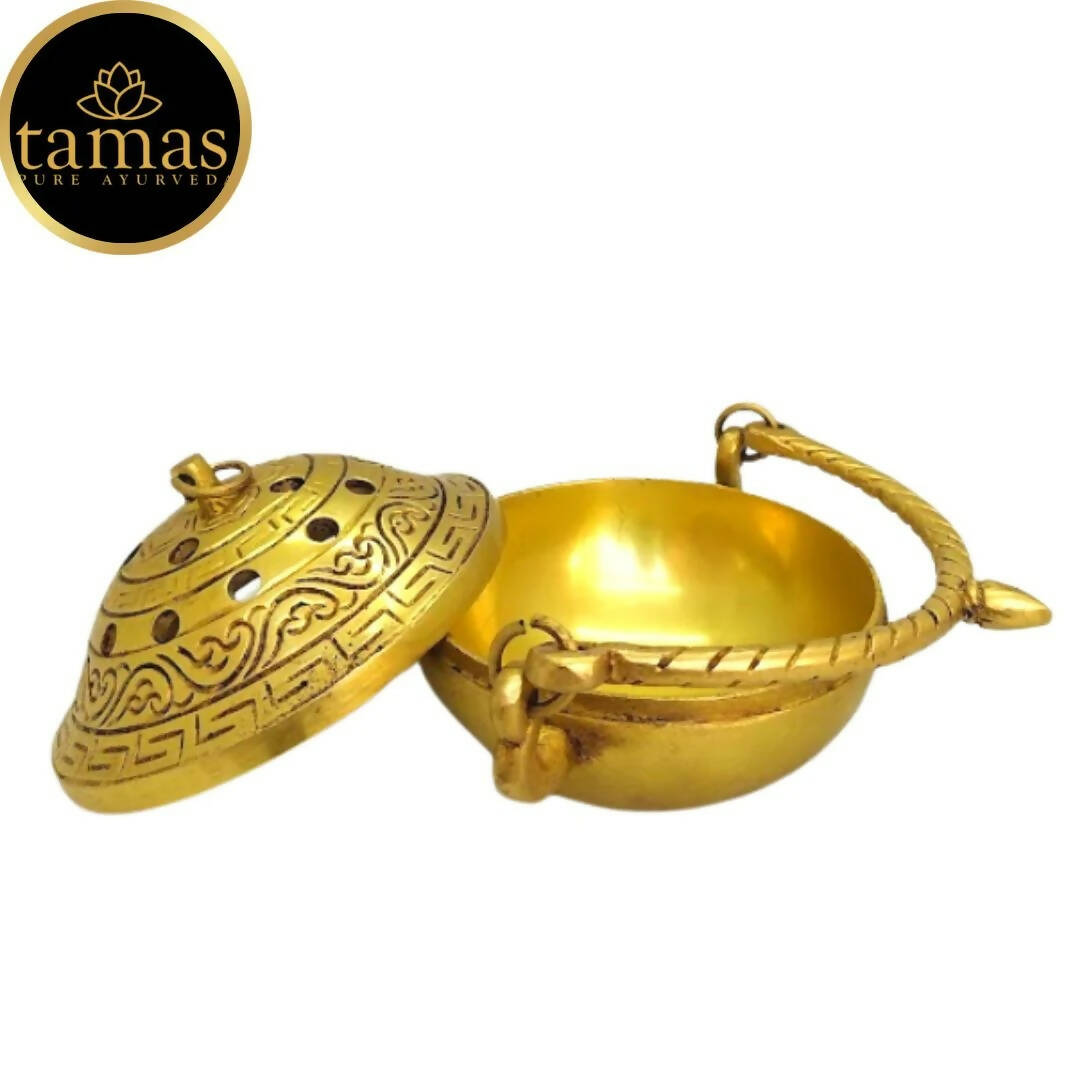 Tamas Brass Small Dhoop Burner with Handle and Lid (Golden) | Swadesiicart