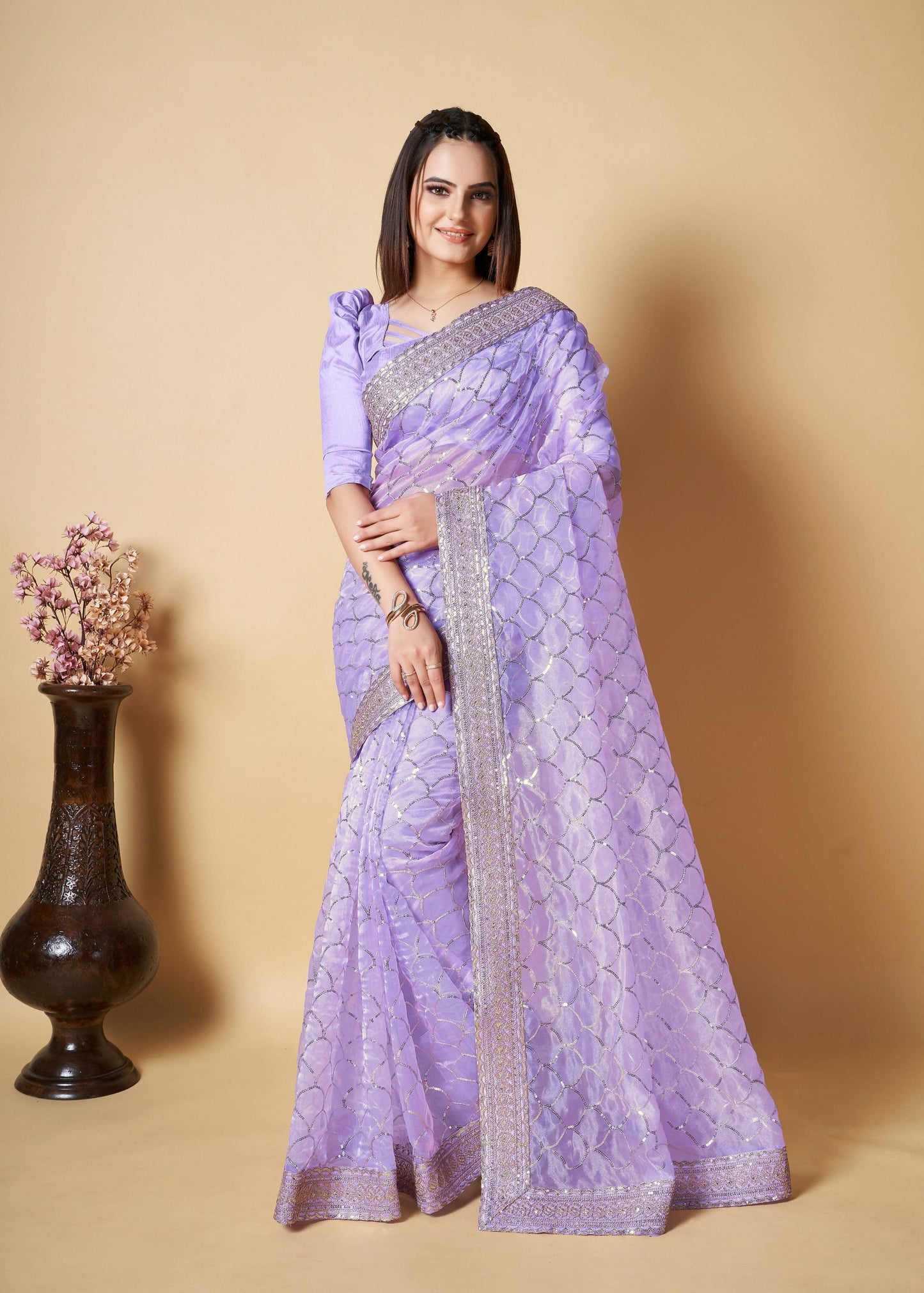 Vamsee Nirja Lavender Organza Saree - Swadesiicart