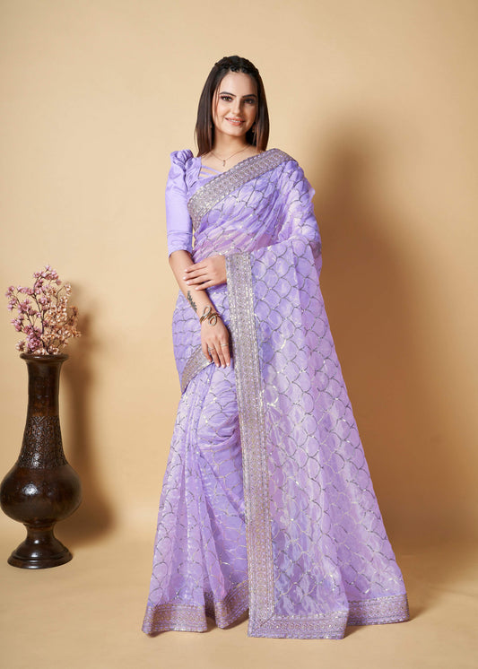 Vamsee Nirja Lavender Organza Saree - Swadesiicart