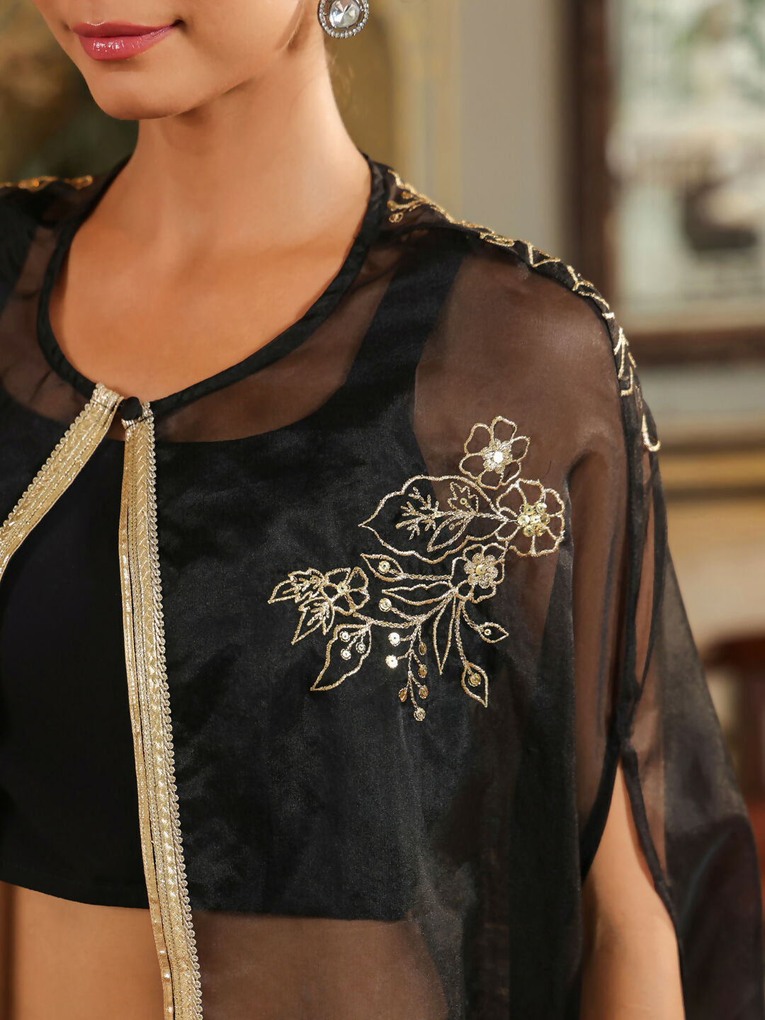 Janasya Black Georgette Solid Top Bottom Cape | Swadesiicart