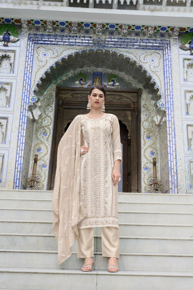 Jyoti Fashion Women's Beige Faux Georgette Heavy Embroidery and Moti Work Kurta Set | Swadesiicart