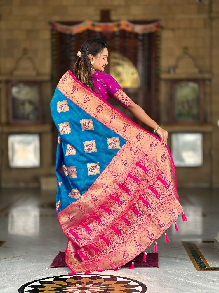 PR Fashion Firozi Soft Banarasi Silk With Zari Weaving Meenakari Design Saree | Swadesiicart