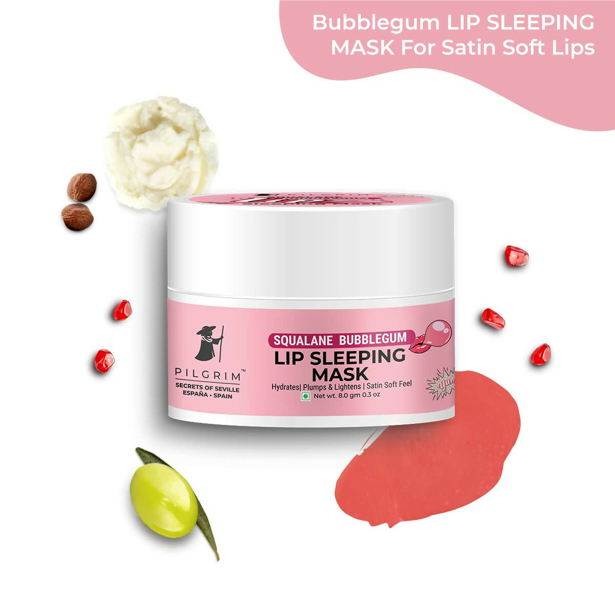 Pilgrim Spanish Lip Sleeping Mask (Bubblegum) with Shea Butter & Pomegranate For Hydrated & Soft Lips - Swadesiicart